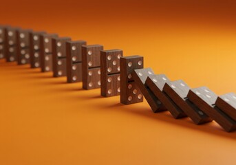 A single domino tipping others toward a target on a vivid orange surface