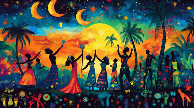 Kwanzaa Celebration Poster. A vibrant scene with dancing, music, and cultural symbols. Kwanzaa, poster, celebration