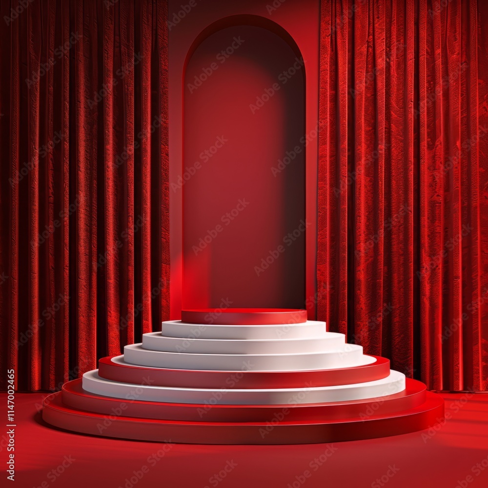 Poster a striking red stage with layered steps and curtains, creating a dramatic and elegant setting for pe
