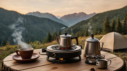 Wooden table with camping gas stove, teapot, and moka coffee drip cup outdoors, surrounded by mountain scenery, campfire ambiance, and a charming vintage tone.