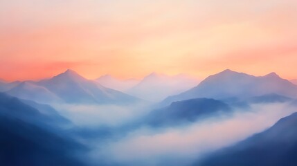 Mountain range glowing in soft pastel sunset hues with misty clouds below