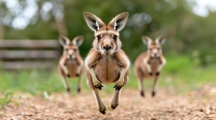 Three kangaroos leaping towards camera.
