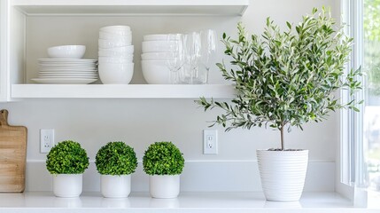 White kitchen shelves with dishes, olive tree, and boxwood plants.