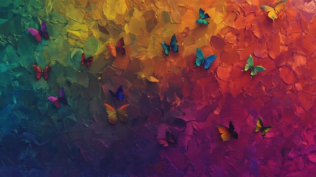 Vivid rainbow hues forming a texture with multicolored butterflies morpho scattered across the design