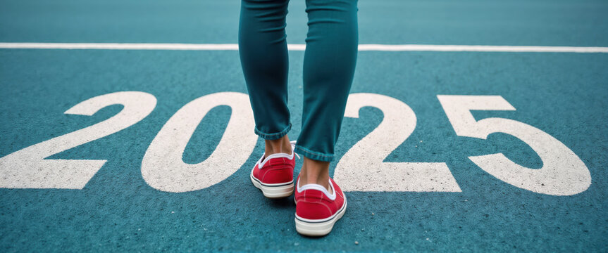 Making a first step in red sneakers on a vibrant teal running race track marked 2025. Brand new start and aspirations for future.  New Year resolution, personal development concept. Copy space