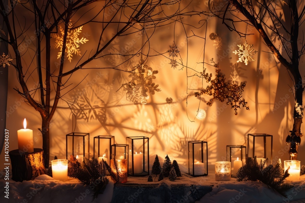 Poster a table with candles and snowflakes on it. there are many candles on the table. the candles are lit 
