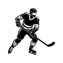 Hockey player silhouette, black and white silhouette, vector and illustration