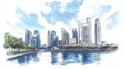 Fototapeta premium Singapore. Unusual perspective hand drawn sketch. City vector illustration
