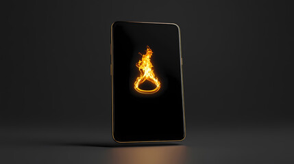 Floating smartphone mockup with a fiery logo on a dark background, copy space