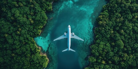 A sleek airplane soaring over a tropical island with vibrant greenery and clear blue waters. Perfect for travel ads and vacation planning themes world winning foto created by ai