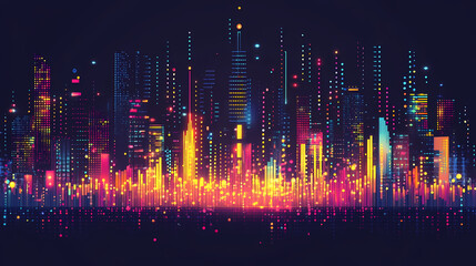 Fototapeta premium Vibrant pixel cityscape evolution showcasing progress from year to year in a stunning digital display of light and color