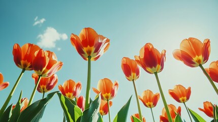 Obraz premium Vivid orange tulips against a crisp blue sky, close-up shot, Minimalist style