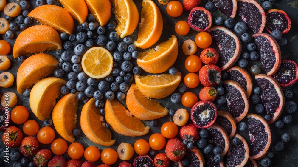Poster aerial perspective of winter fruits arranged in a spiral pattern, ideal for dynamic compositions