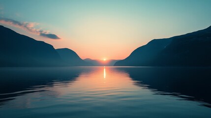 Obraz premium Sunset over calm water between mountains.