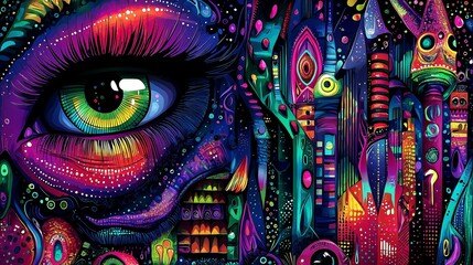 Obraz premium Psychedelic eye with vibrant colors and abstract patterns.