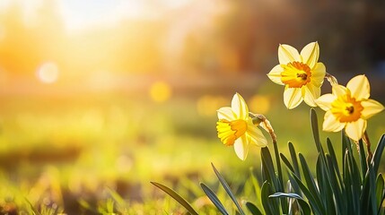 Obraz premium Vivid yellow daffodils against a sun-kissed meadow backdrop, close-up shot, Minimalist style