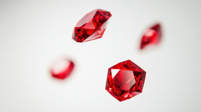 On a stark white background, vibrant ruby-red tokens with elegant geometric carvings, floating in mid-air with a sense of weightlessness, the tokens' polished surfaces radiate subtle light reflections