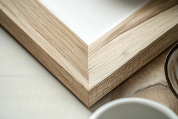 Light wood frame, ceramic cups, textured surface.