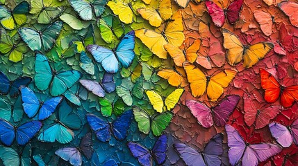 Textured surface featuring morpho butterflies arranged in radiant rainbow hues and vivid colors