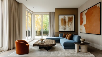 Interior design of modern living room. Stylish living space with  blue sofa, rustic wooden coffee table, and large windows. Wall with abstract art. 