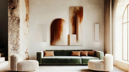 Interior design of modern industrial style living room with a concrete grey wall, green velvet sofa, and beige boucle chairs. Wall with abstract art. 