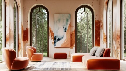 Minimalist interior design of living room. Vibrant orange  sofa, large indoor plant. Wall with modern abstract art. 