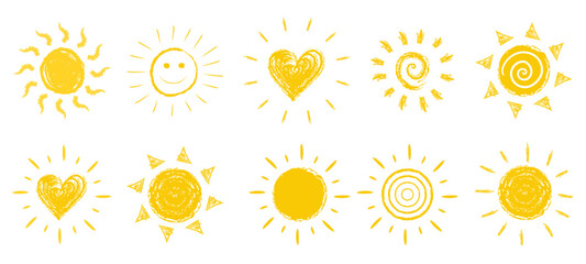 Sun icon collection summer doodle chalk charcoal pencil pastel drawing sunbeam nubes smile holiday sunshine happy sunny sunrise sunsethot solar