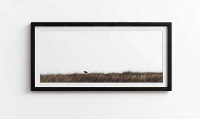 Obraz premium Framed landscape; bird in tall grass, minimalist.