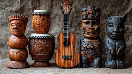 Tropical hawaiian instruments and tiki statues celebration