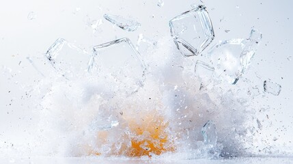 Shattered glass exploding outwards from a central point, with a burst of white and yellow.