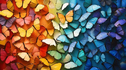 Beautiful texture pattern featuring morpho butterflies arranged in rainbow-colored gradients