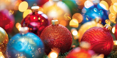 Vibrant Christmas ornaments with sparkling bokeh lights, perfect for festive holiday themes and seasonal celebrations.