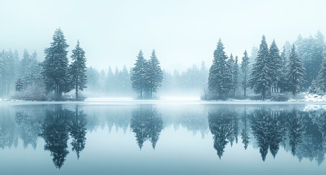 A snowy landscape with a lake and trees - Powered by Adobe