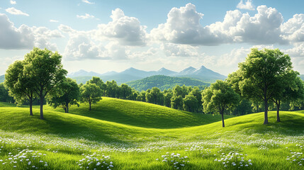 Naklejka premium A green field with a few trees and a mountain in the background