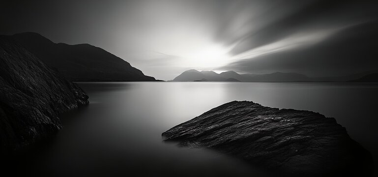 A black and white photo of a rocky shoreline with a calm body of water