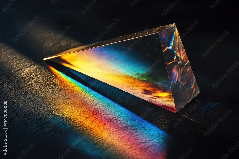 Aufkleber a triangular prism refracts light, creating a vibrant rainbow spectrum on a dark surface.