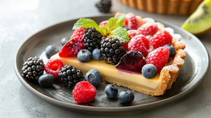 Clean and modern presentation of a slice of fruit tart on a plate