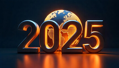 A large silver number 2025 with a glowing golden earth globe in the background, Happy new Year 2025, Banner template for 2025 celebration template, poster, created with generative ai