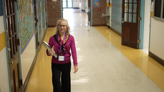 A mature woman stands in a brightly lit school hallway, holding a book and a stack of papers. She wears a colorful scarf and looks confident as she walks.
