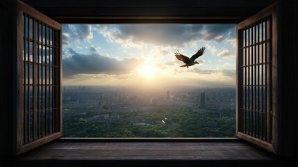 Eagle flying over city at sunset seen through open window © Dmitriy