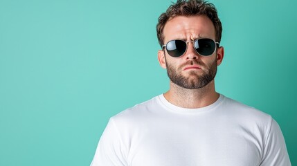 Serious man in sunglasses on teal background.