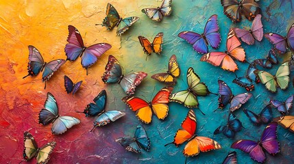 Rainbow-themed multicolored morpho butterflies forming a detailed pattern over vibrant textures
