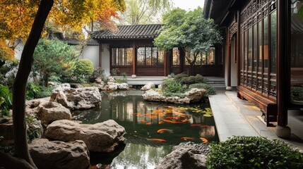 A tranquil courtyard with a pond filled with koi fish, surrounded by traditional Chinese architecture and lush greenery.