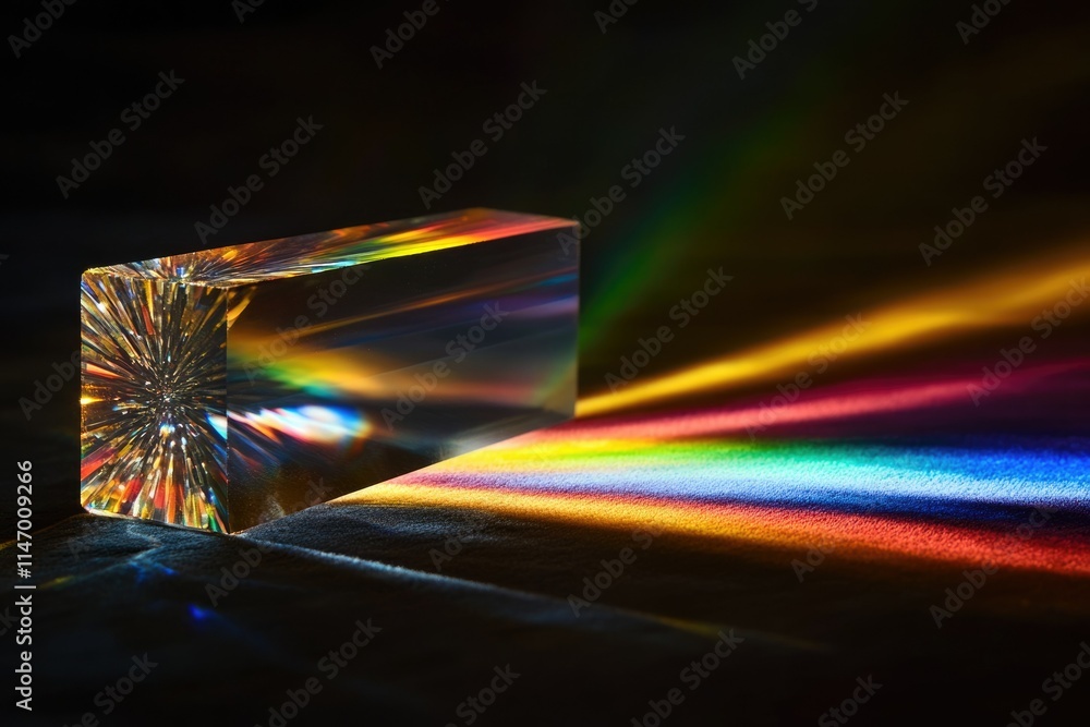 Aufkleber a rectangular glass prism refracts light, creating a vibrant spectrum of colors on a dark surface.