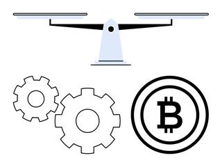 Scale balancing above two gears and Bitcoin symbol, represents balance between technology and cryptocurrency. Ideal for finance, cryptocurrency, technology integration, blockchain, modern economies
