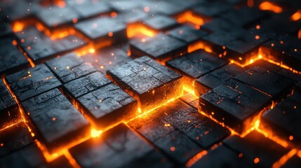 An intricate and dynamic pattern of scorched black tiles with fiery cracks illuminating the dark, heated ground. Abstract art captures destruction in a futuristic style.