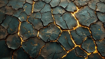 An abstract representation of a scorched terrain with cracks illuminated by a fiery glow, creating a dramatic visual effect.
