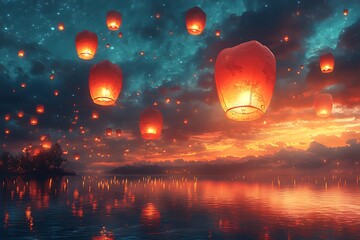 Group of Lanterns Gently Floating in the Sky.