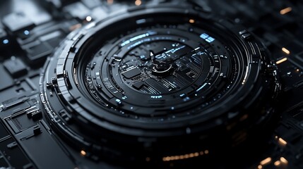Close-up of a futuristic, circular technological device with intricate details and glowing blue accents.