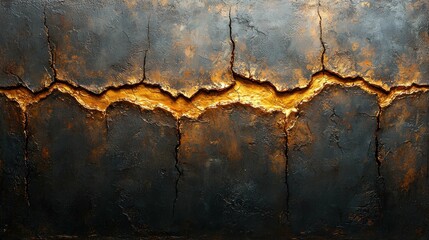 This image depicts a cracked surface with vivid golden and dark textures, creating an abstract representation of destruction and heat effects.